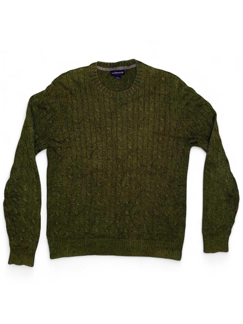 Lands' End Men's dark green wool blend cable knit sweater sz L gorp winter